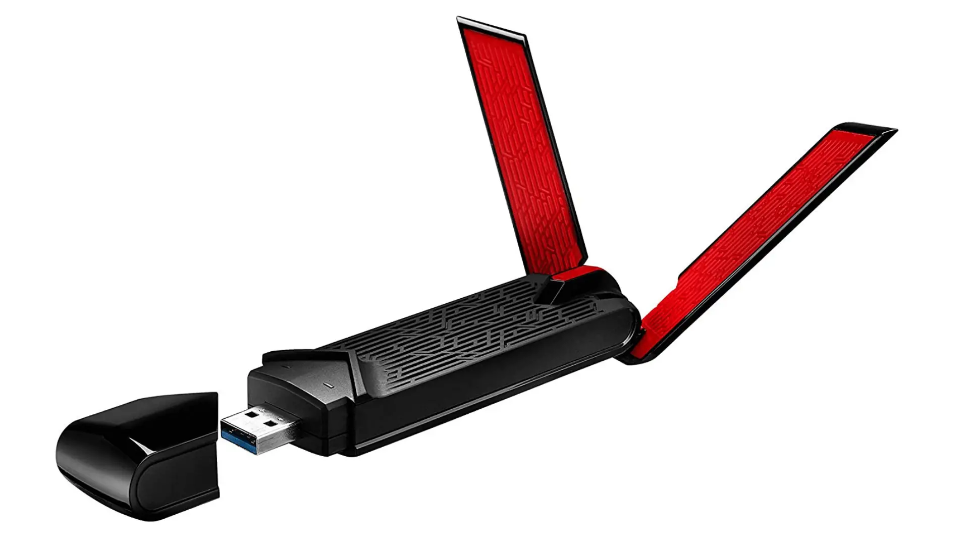 ASUS-AC68 WiFi adapter with a cover and two adjustable antennas with a red interior