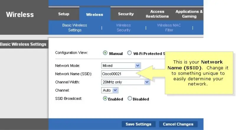 Step-by-Step Guide (Change your network name SSID then click Save settings) - Image by Linksys